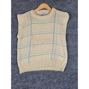 Licorice Hand‎  Knitted Vest Cream Plaid Pattern Women's Medium